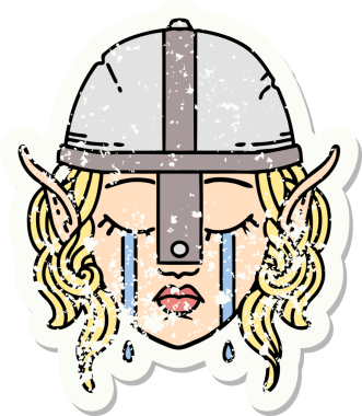 Bir insan tarafından çizilmiş ağlayan bir elf savaşçı karakterinin grunge çıkartması.