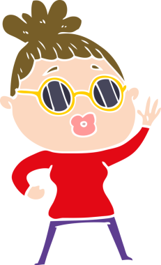 Bir insan tarafından çizilmiş güneş gözlüğü takan düz renkli çizgi film kadını.