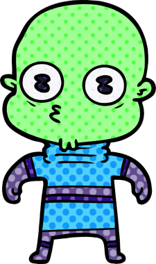 Bir insan tarafından çizilmiş garip kel uzay adamı çizgi filmi.