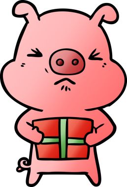 Bir insan tarafından çizilmiş Noel hediyeli kızgın domuz çizgi filmi.