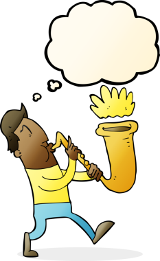 Bir insan tarafından çizilmiş düşünce baloncuğuyla saksafon çalan çizgi film adamı.