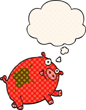 Çizgi roman tarzında bir insan tarafından çizilmiş düşünce baloncuklu bir domuz.
