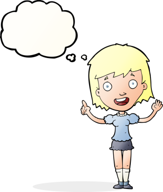 Bir insan tarafından çizilmiş düşünce balonuyla işaret eden çizgi film kadını.