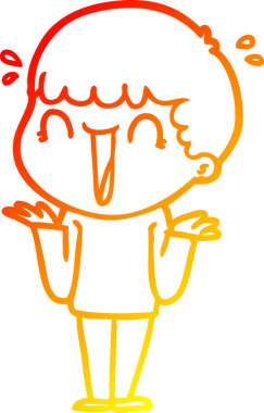 Bir insanın omuzlarını silkeleyen, gülen bir çizgi film karakterinin sıcak çizgi çizimi.