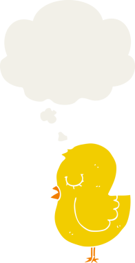 Düşünce baloncuğu olan çizgi film kuşu insan tarafından çizilmiş.