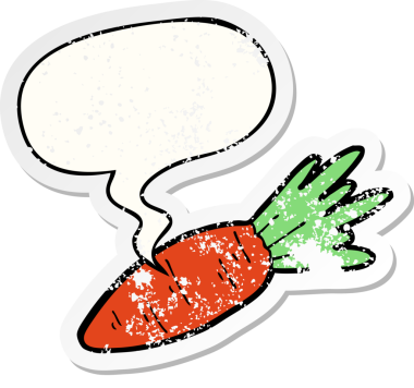 Konuşma baloncuklu çizgi film havucu bir insan tarafından çizilmiş sıkıntılı eski bir çıkartma