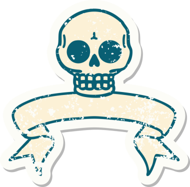 Bir insan tarafından çizilmiş kafatasının pankartıyla eski bir etiket.