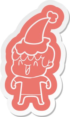 Bir insan tarafından çizilmiş Noel Baba şapkası giyen, gülen bir çocuğun garip çizgi film etiketi.