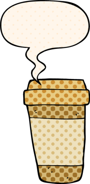 Bir insan tarafından çizilmiş çizgi roman tarzında konuşma balonlu kahve fincanı.