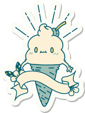 Bir insan tarafından çizilmiş dövme stili dondurma karakterinin çıkartması.