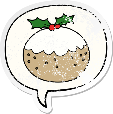 Konuşma balonlu karikatür pudingi bir insan tarafından çizilmiş sıkıntılı eski bir çıkartma