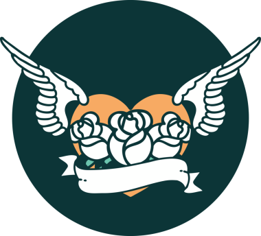 Bir insan tarafından çizilmiş çiçek ve bayrak ile uçan bir kalbin ikonik dövme görüntüsü