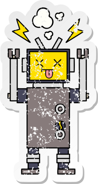 Bir insan tarafından çizilmiş arızalı bir robot çizgi film çıkartması.