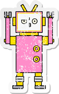 Bir insan tarafından çizilmiş sevimli bir robot çizgi film çıkartması.