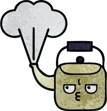 Bir insan tarafından çizilen dumanı tüten bir çaydanlığın retro grunge desenli karikatürü