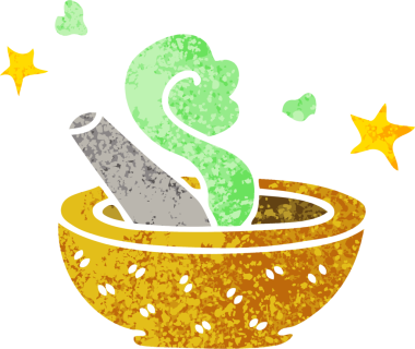 Retro illüstrasyon tarzı tuhaf çizgi film sihirli tokmak ve bir insan tarafından çizilmiş havan topu.