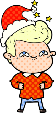 Bir insan tarafından çizilmiş Noel Baba şapkası giyen heyecanlı bir adamın el çizimi çizgi roman çizimi.