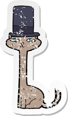 Bir insan tarafından çizilmiş silindir şapkalı çizgi film kedisinin gerilmiş çıkartması.