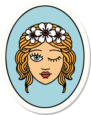 Geleneksel bir dövme stili. Çiçekten taç takmış bir kız. Bir insan tarafından çizilmiş.