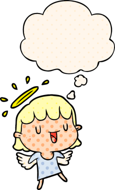 Çizgi roman tarzında bir insan tarafından çizilmiş düşünce baloncuğu olan çizgi film meleği.