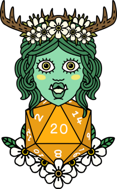 Retro Dövme Biçimi Yarı Ork Druid Bir insan tarafından çizilmiş 20 zar ile