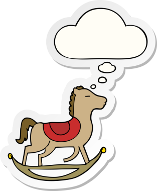 Düşünce baloncuklu çizgi film sallanan atı bir insan tarafından çizilmiş çıkartma gibi.