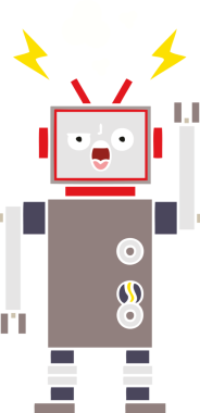 Bir insan tarafından çizilmiş bozuk bir robotun düz renkli retro karikatürü