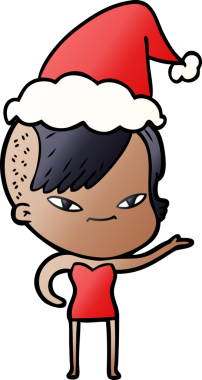 Hipster saç kesimli, Noel Baba şapkası takan bir kızın gradyan çizimi.