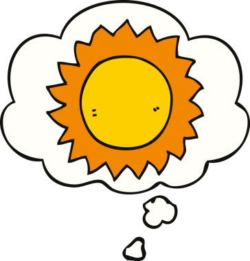 Bir insan tarafından çizilmiş düşünce baloncuklu çizgi film güneşi.