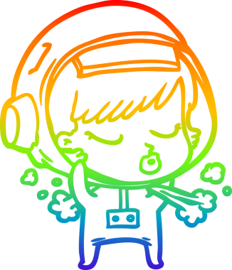 Gökkuşağı gradyan çizgi çizimi bir insan tarafından çizilmiş uzay kaskını çıkaran güzel astronot kız.