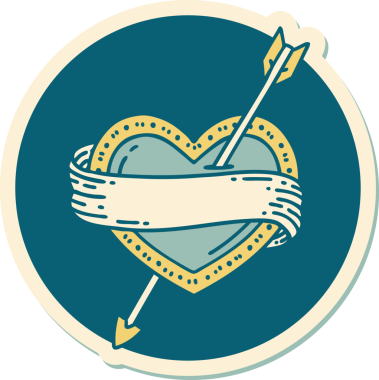 Bir insan tarafından çizilmiş ok kalp ve pankartın geleneksel stiliyle dövme çıkartması.