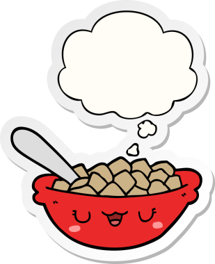 Düşünce baloncuklu tatlı mısır gevreği kasesi bir insan tarafından çizilmiş çıkartma gibi.