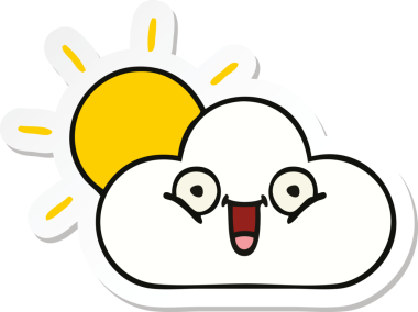 Bir insan tarafından çizilmiş şirin bir karikatür güneş ışığı ve bulut çıkartması.