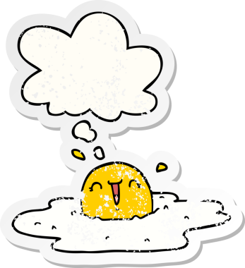 Düşünce baloncuklu karikatür yumurta insan tarafından çizilmiş yıpranmış bir çıkartma.