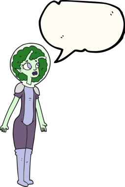 Bir insan tarafından çizilmiş serbest konuşma balonu çizgi filmi uzaylı kız.