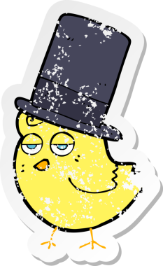 Bir insan tarafından çizilmiş silindir şapkalı çizgi film kuşunun gerilimli çıkartması.