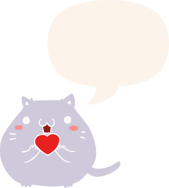 Sevimli çizgi film kedisi insan tarafından çizilmiş eski moda bir konuşma baloncuğuna aşık.