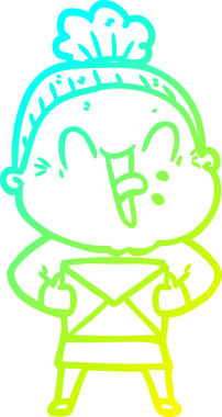 Bir insan tarafından çizilmiş, mutlu, yaşlı bir kadının çizimi.