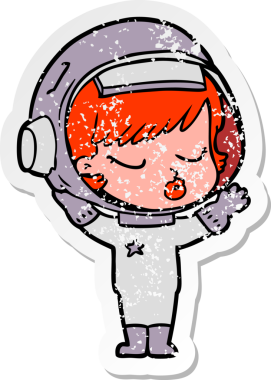 Bir karikatür çıkartması. Bir insan tarafından çizilmiş güzel astronot kız.