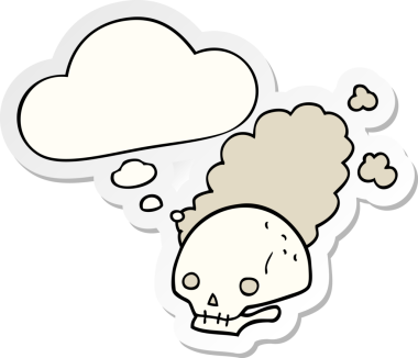 Karikatür tozlu eski kafatası. Düşünce baloncuğu insan tarafından çizilmiş bir çıkartma.