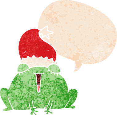 Hoş bir karikatür noel kurbağası grunge içinde konuşma baloncuğu bir insan tarafından çizilmiş kederli retro dokuma tarzı