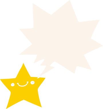 Bir insan tarafından çizilmiş eski tarz konuşma baloncuğu olan mutlu çizgi film yıldızı