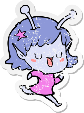 Bir insan tarafından çizilmiş mutlu uzaylı kız çizgi filminin sıkıntılı çıkartması.