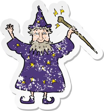 Bir insan tarafından çizilmiş bir çizgi film sihirbazının gerilimli çıkartması.