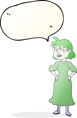 Bir insan tarafından çizilmiş serbest konuşma balonu çizgi filmi uzaylı kadın.