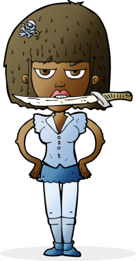 Bir insan tarafından çizilmiş, dişlerinin arasında bıçak olan çizgi film kadını.