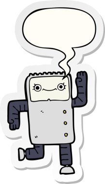 Bir insan tarafından çizilmiş konuşma balonu çıkartmalı çizgi film robotu.