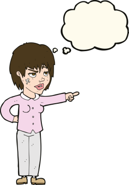 Bir insan tarafından çizilmiş düşünce balonuyla işaret eden çizgi film kadını.