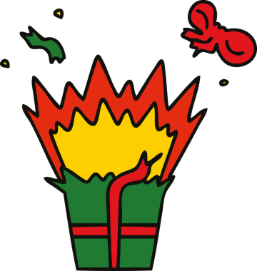 Bir insan tarafından çizilmiş patlayıcı bir hediyenin tuhaf bir karikatürü.