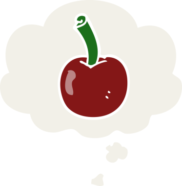 Düşünce baloncuğu olan karikatür kirazı insan tarafından çizilmiş.
